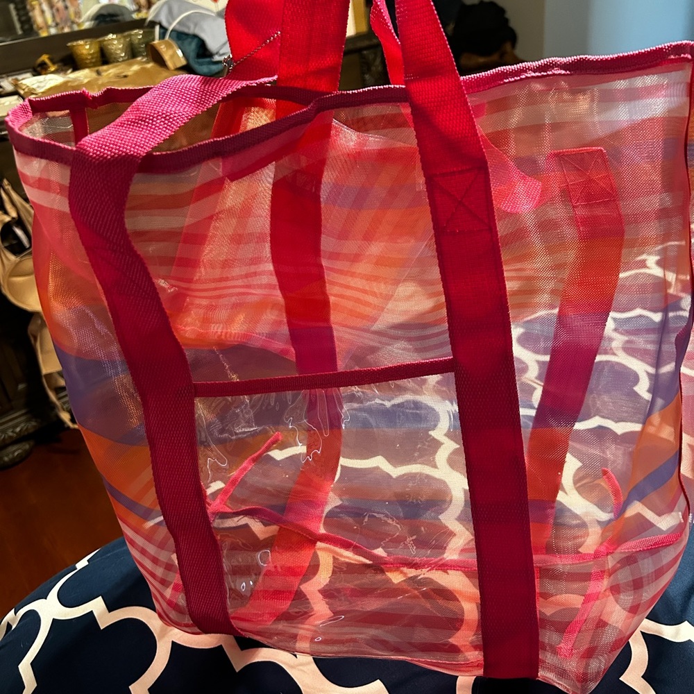 EUc pink striped mesh beach tote